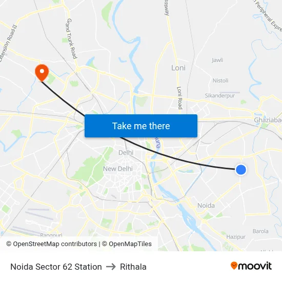 Noida Sector 62 Station to Rithala map