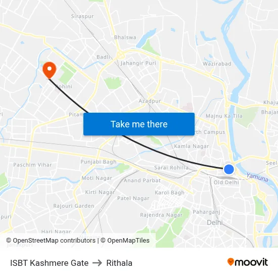 ISBT Kashmere Gate to Rithala map