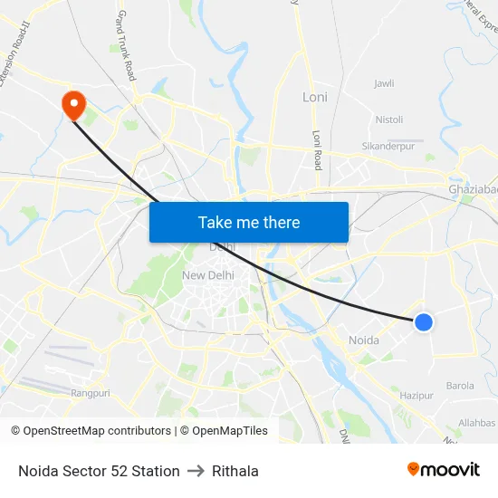 Noida Sector 52 Station to Rithala map