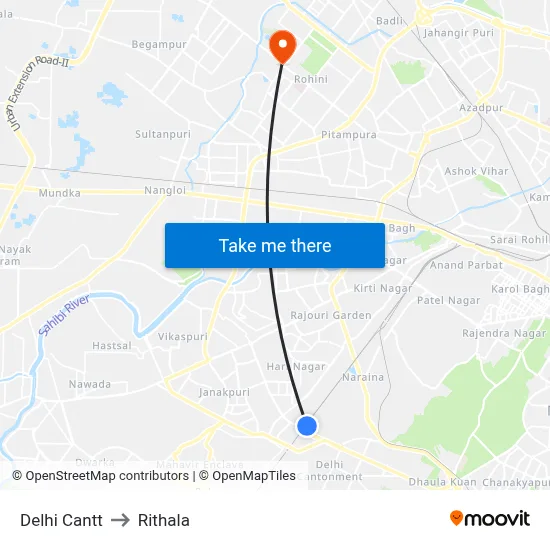 Delhi Cantt to Rithala map