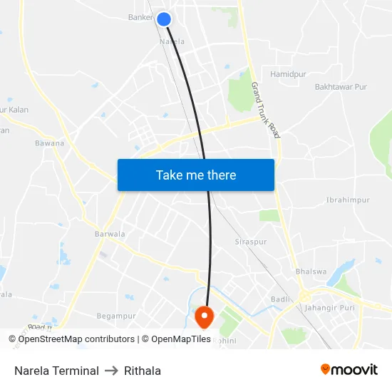 Narela Terminal to Rithala map