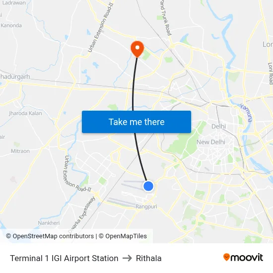 Terminal 1 IGI Airport Station to Rithala map