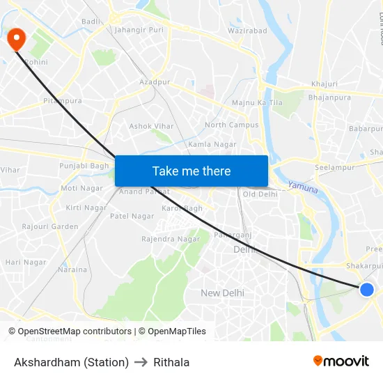 Akshardham (Station) to Rithala map