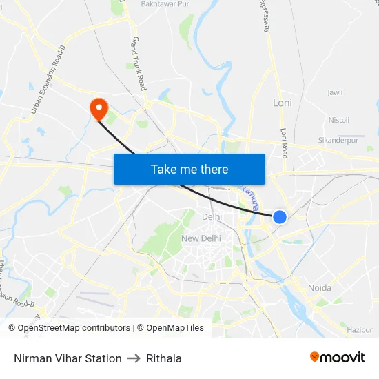 Nirman Vihar Station to Rithala map