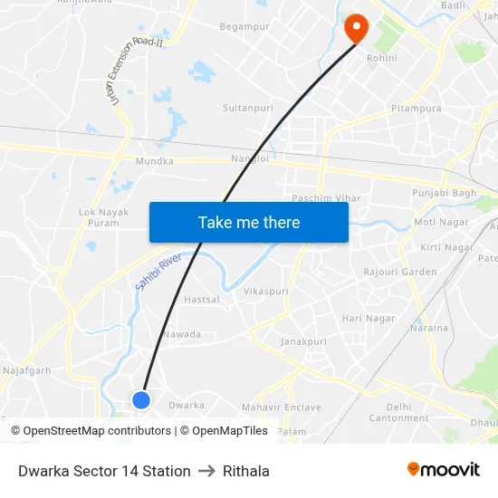 Dwarka Sector 14 Station to Rithala map