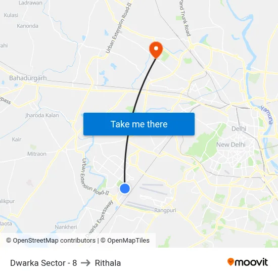 Dwarka Sector - 8 to Rithala map
