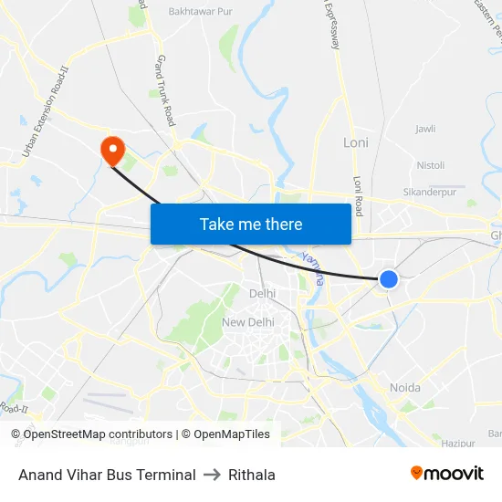 Anand Vihar Bus Terminal to Rithala map