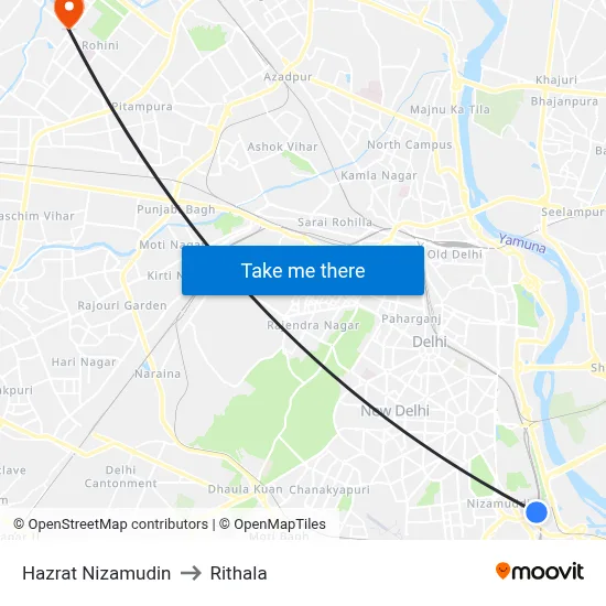 Hazrat Nizamudin to Rithala map