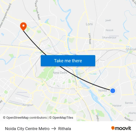 Noida City Centre Metro to Rithala map