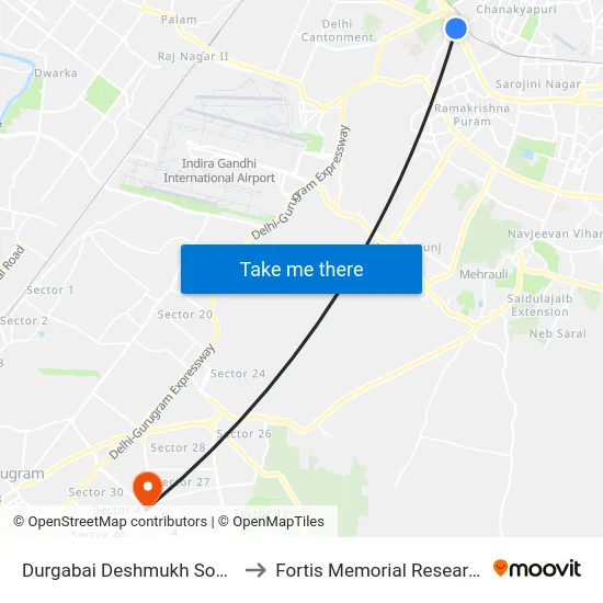 Durgabai Deshmukh South Campus to Fortis Memorial Research Institute map