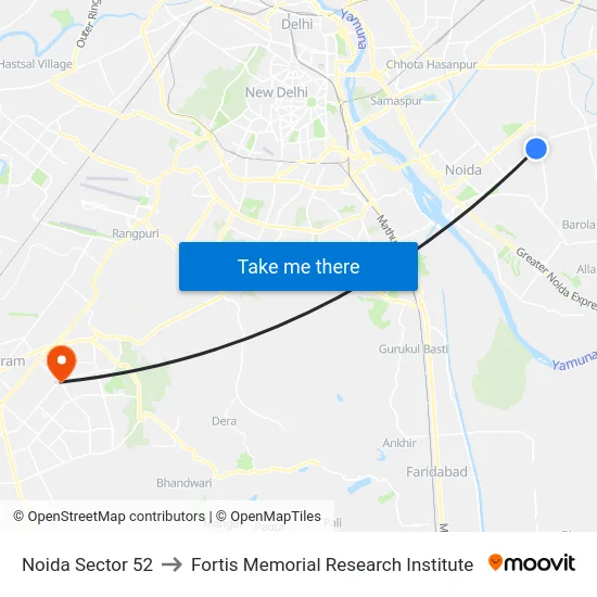 Noida Sector 52 to Fortis Memorial Research Institute map