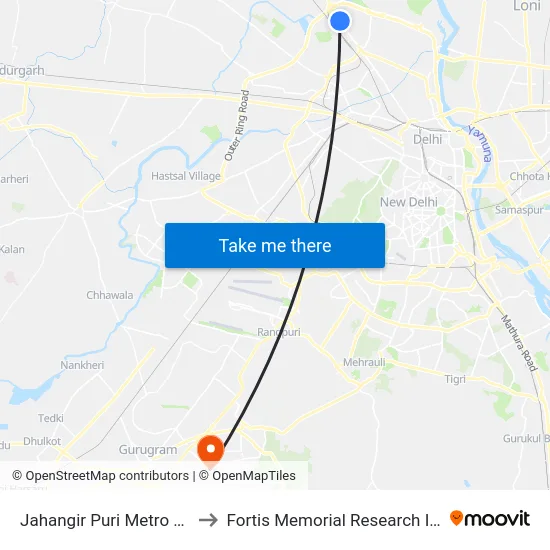 Jahangir Puri Metro Station to Fortis Memorial Research Institute map