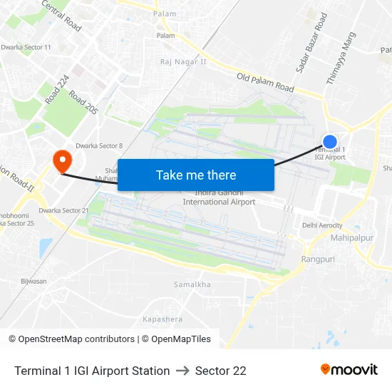 Terminal 1 IGI Airport Station to Sector 22 map