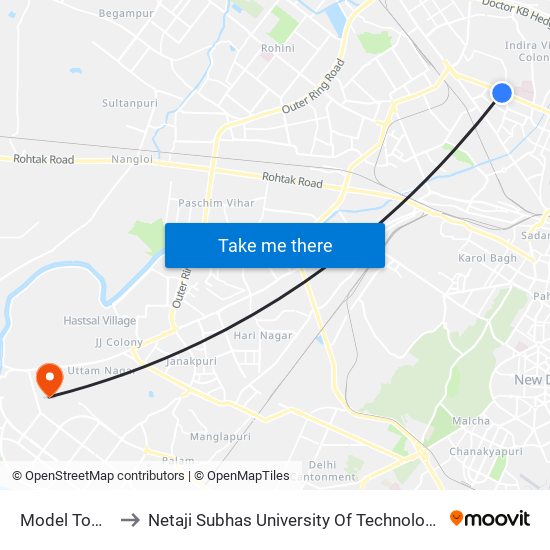 Model Town to Netaji Subhas University Of Technology map