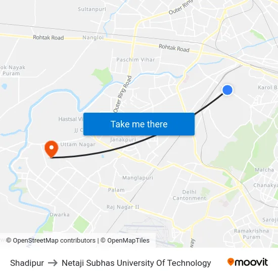 Shadipur to Netaji Subhas University Of Technology map