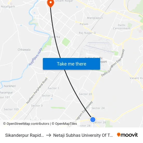 Sikanderpur Rapid Metro to Netaji Subhas University Of Technology map