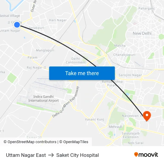 Uttam Nagar East to Saket City Hospital map