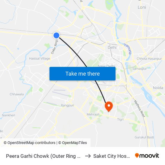 Peera Garhi Chowk (Outer Ring Road) to Saket City Hospital map