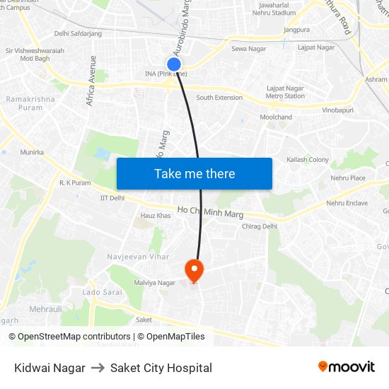 Kidwai Nagar to Saket City Hospital map