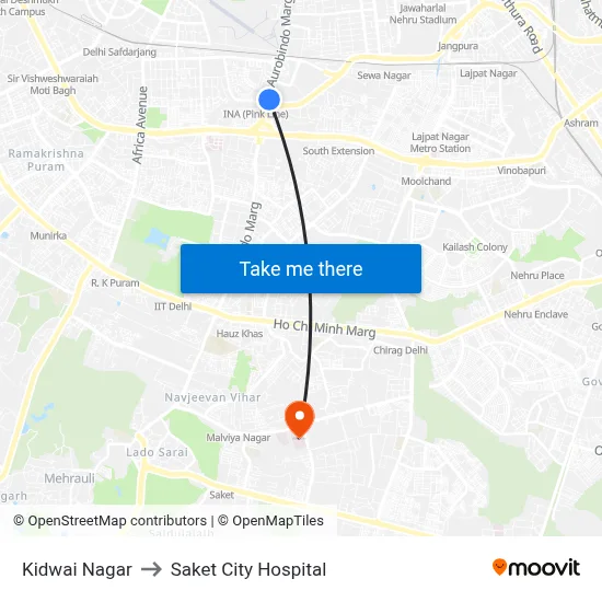 Kidwai Nagar to Saket City Hospital map