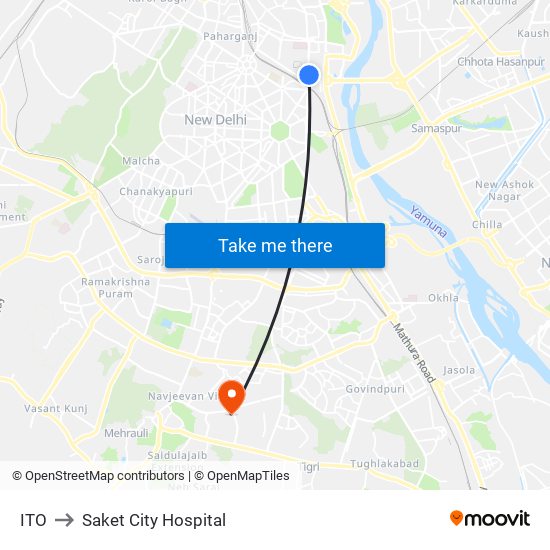 ITO to Saket City Hospital map