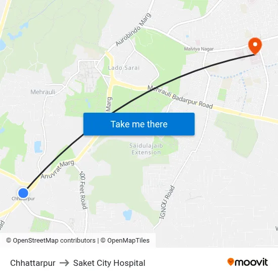 Chhattarpur to Saket City Hospital map