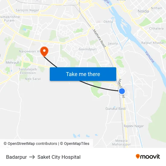 Badarpur to Saket City Hospital map