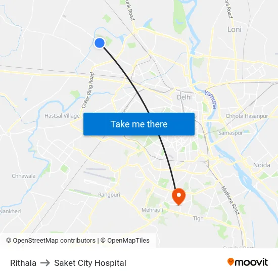Rithala to Saket City Hospital map