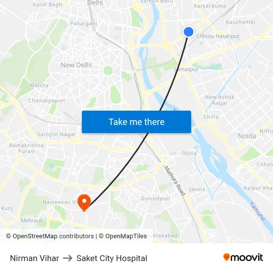 Nirman Vihar to Saket City Hospital map