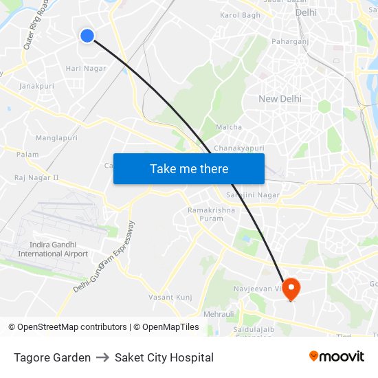 Tagore Garden to Saket City Hospital map