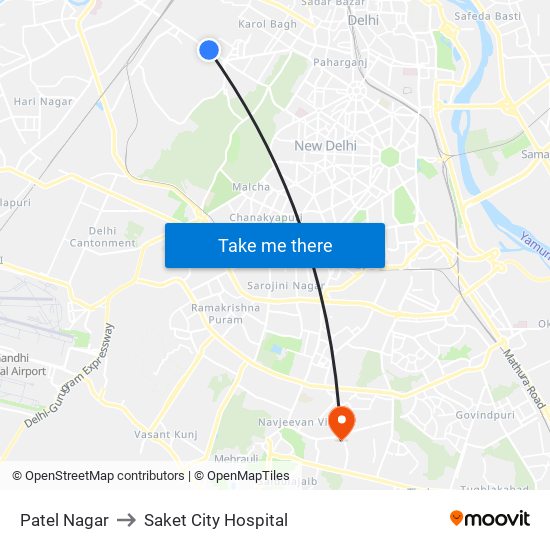 Patel Nagar to Saket City Hospital map