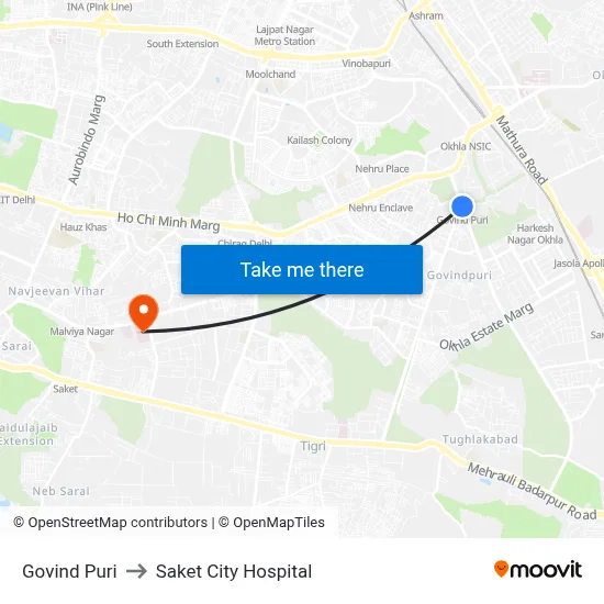 Govind Puri to Saket City Hospital map