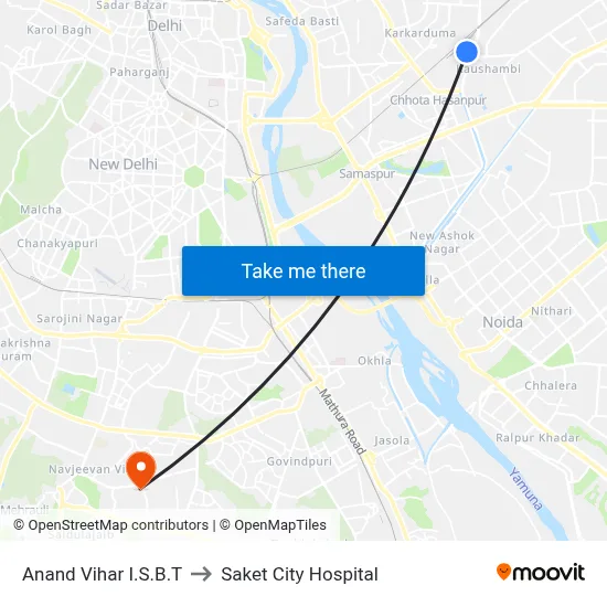 Anand Vihar I.S.B.T to Saket City Hospital map