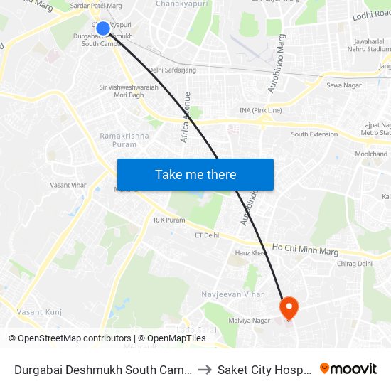 Durgabai Deshmukh South Campus to Saket City Hospital map