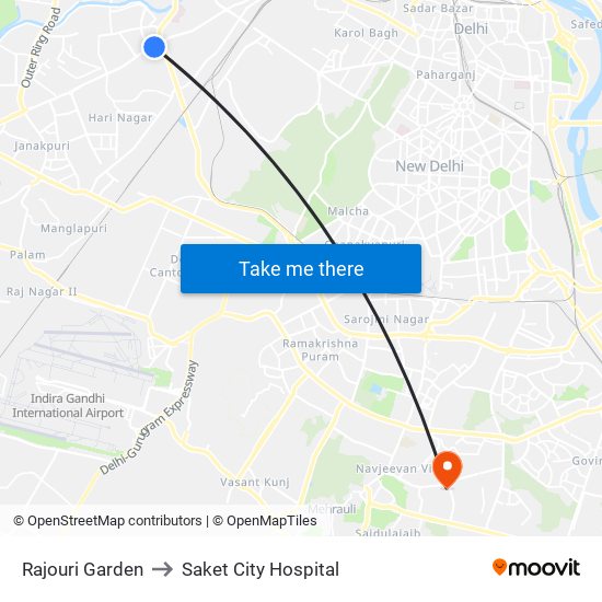 Rajouri Garden to Saket City Hospital map