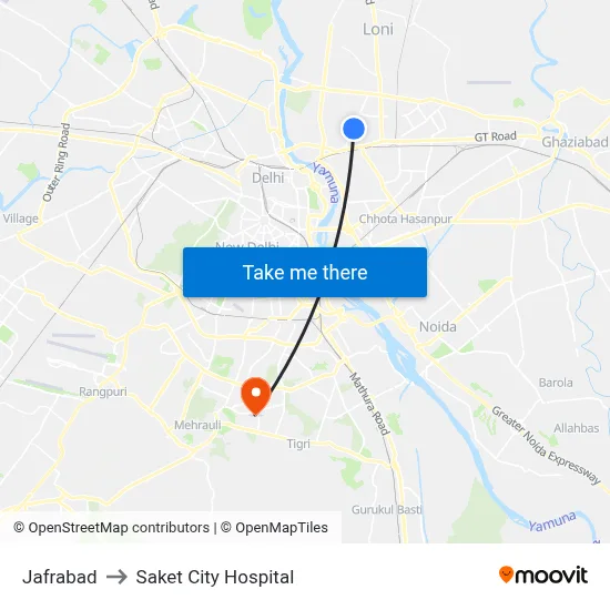Jafrabad to Saket City Hospital map