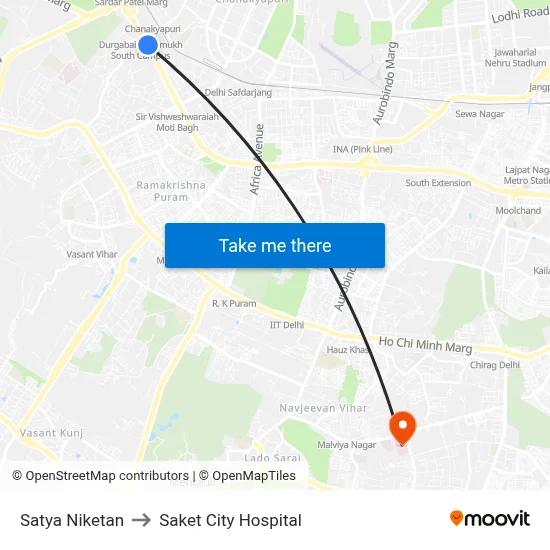 Satya Niketan to Saket City Hospital map
