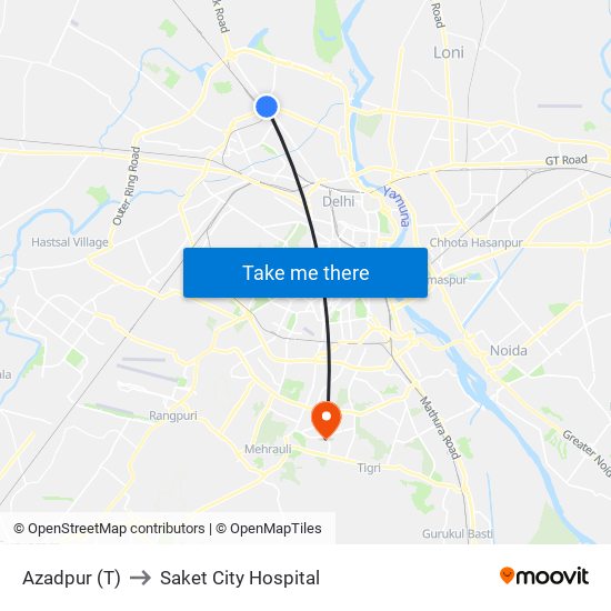 Azadpur (T) to Saket City Hospital map