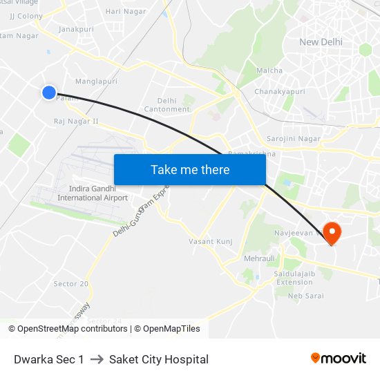 Dwarka Sec 1 to Saket City Hospital map