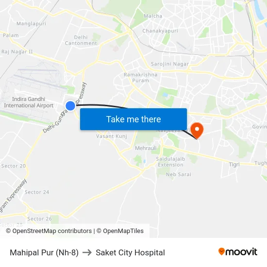 Mahipal Pur (Nh-8) to Saket City Hospital map