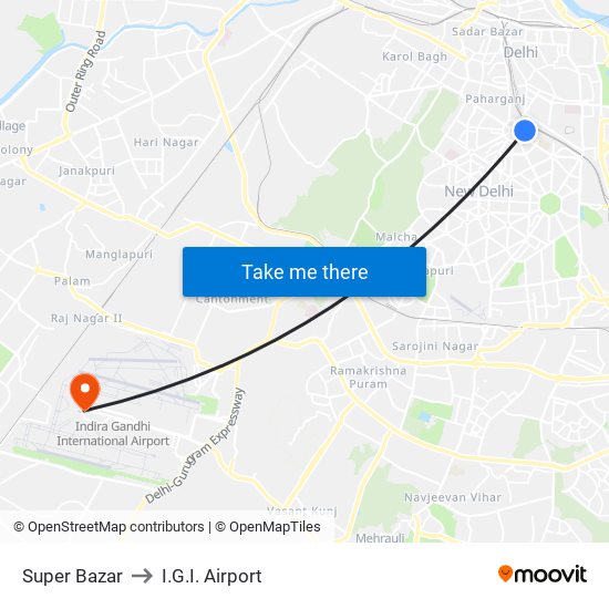 Super Bazar to I.G.I. Airport map