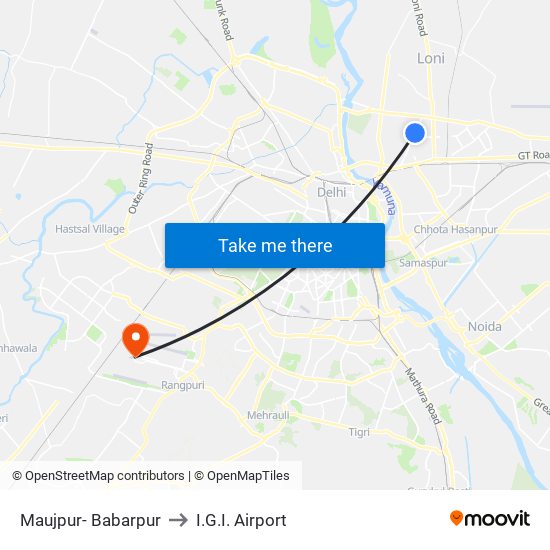 Maujpur- Babarpur to I.G.I. Airport map