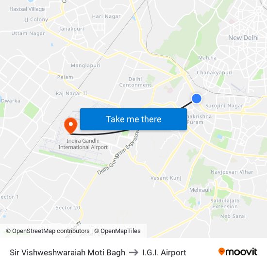 Sir Vishweshwaraiah Moti Bagh to I.G.I. Airport map