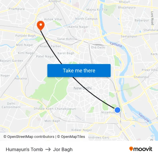 Humayun's Tomb to Jor Bagh map