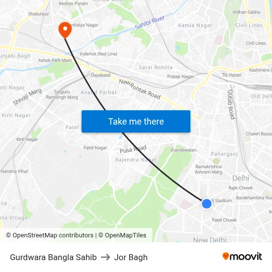Gurdwara Bangla Sahib to Jor Bagh map
