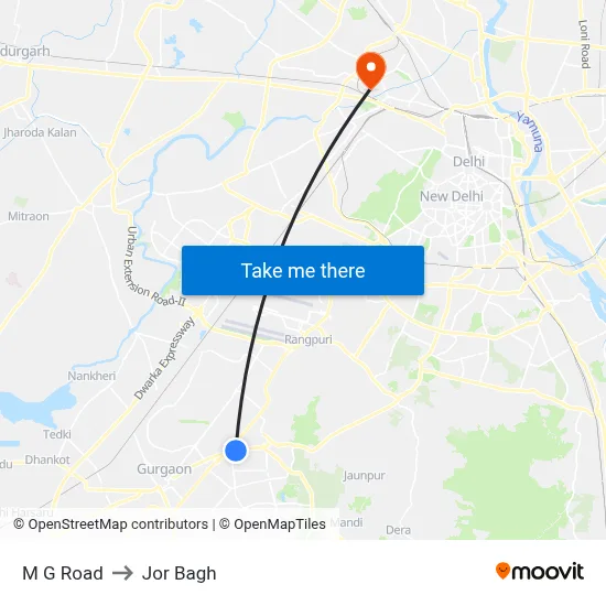 M G Road to Jor Bagh map