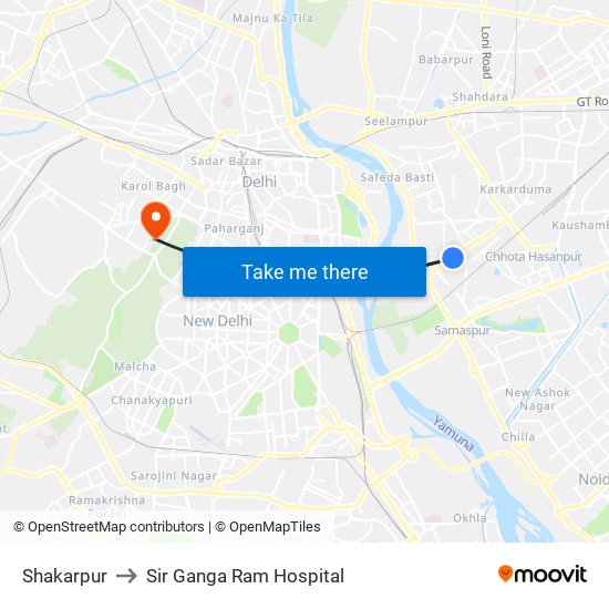 Shakarpur to Sir Ganga Ram Hospital map