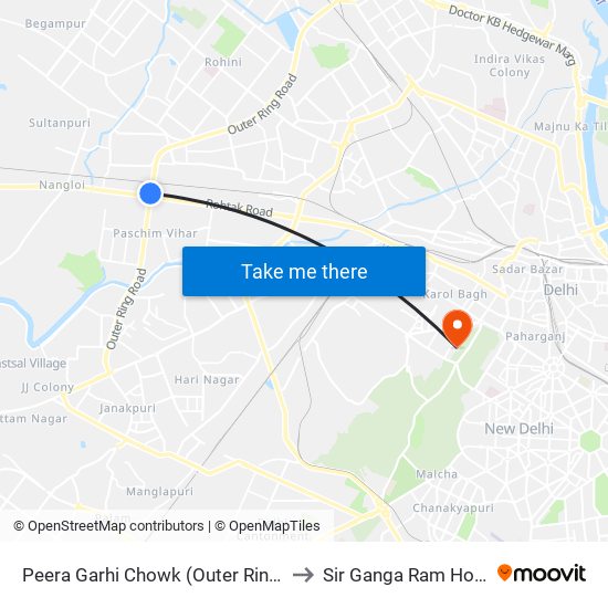 Peera Garhi Chowk (Outer Ring Road) to Sir Ganga Ram Hospital map