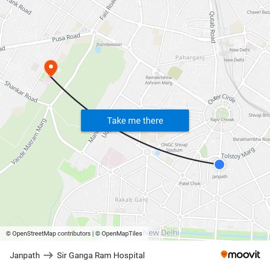 Janpath to Sir Ganga Ram Hospital map