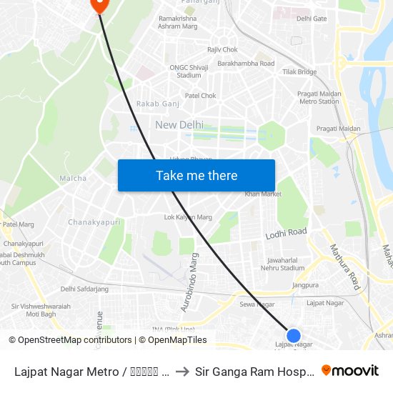 Lajpat Nagar Metro / लाजपत नगर to Sir Ganga Ram Hospital map